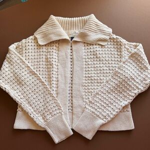 Cottagecore Cream Open Knit Crochet Sweater Cardigan Size XS Boho Coastal